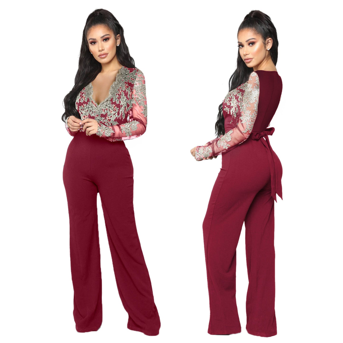 Autumn And Winter Hot-selling Women's Casual Ladies Water-soluble Lace V-neck Long-sleeved Wide-leg Jumpsuit