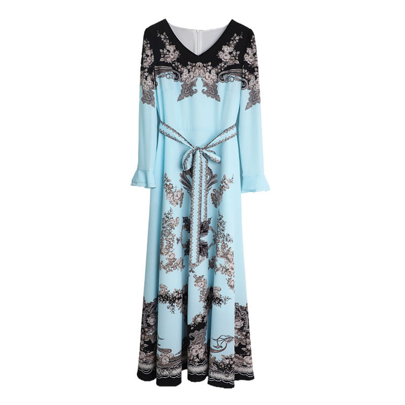 Cinched Tie Slim-fit French Style High Sense Fashion Temperament Printed Long Sleeve Dress