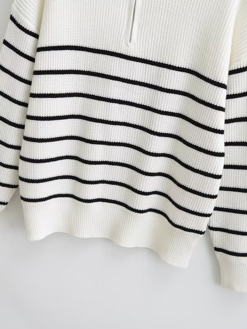 Women's Zipper Striped Sweater Contrast Color