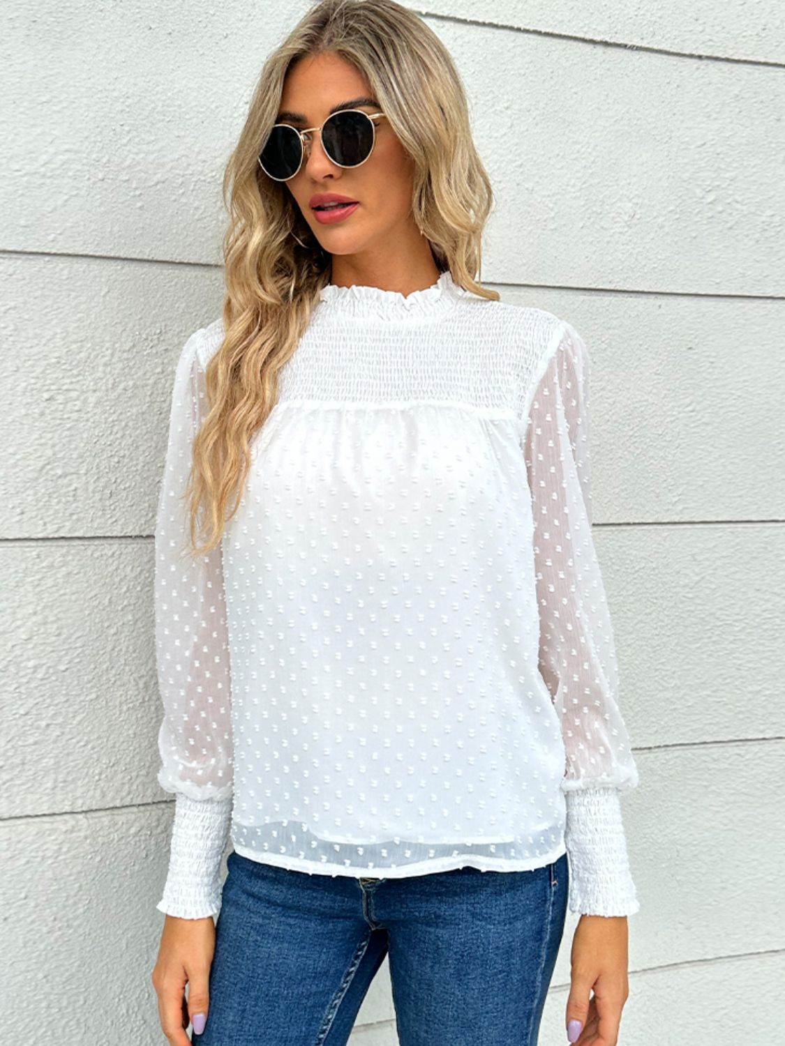 Swiss Dot Smocked Mock Neck Blouse