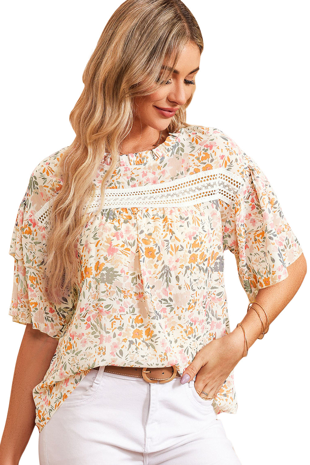 Blusa con mangas anchas y volantes con estampado floral multicolor