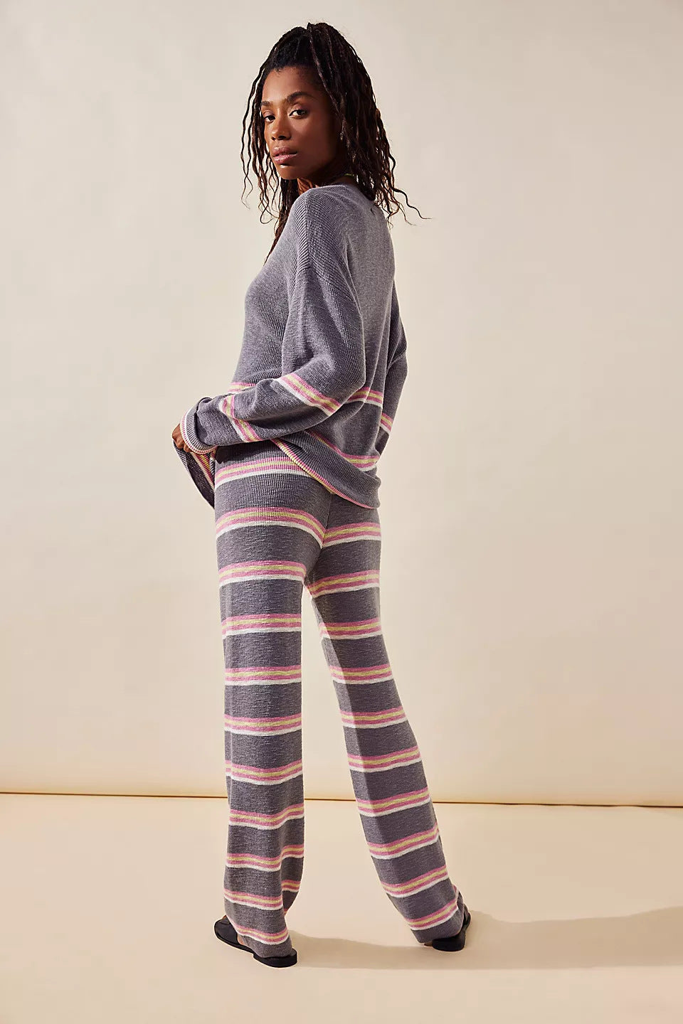 Women's Clothing Temperament Crew Neck Long Sleeve Striped Two-piece Sweater Loose Casual Trousers