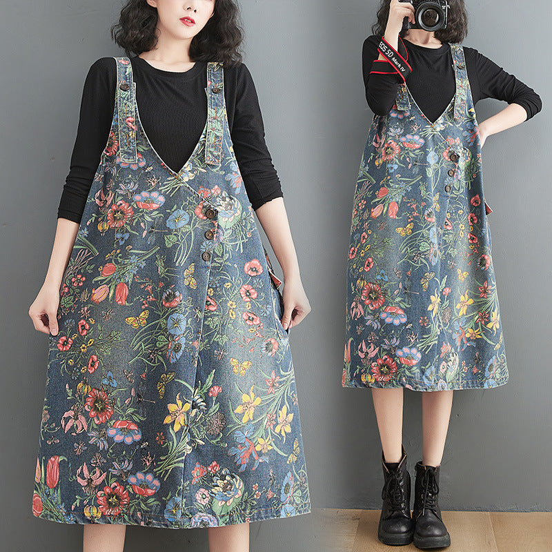 Artistic Style Printed Denim Suspender Skirt