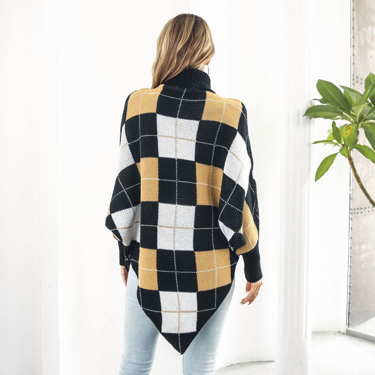 Women's Mid-length Plaid Jacquard Cape Sweater Coat