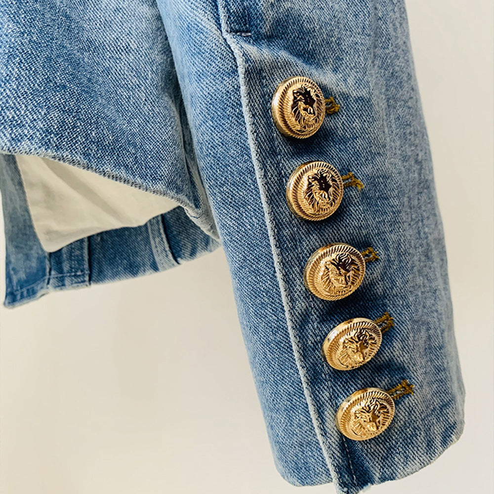 Veste de costume en jean slim à double boutonnage et boutons de lion pour femme