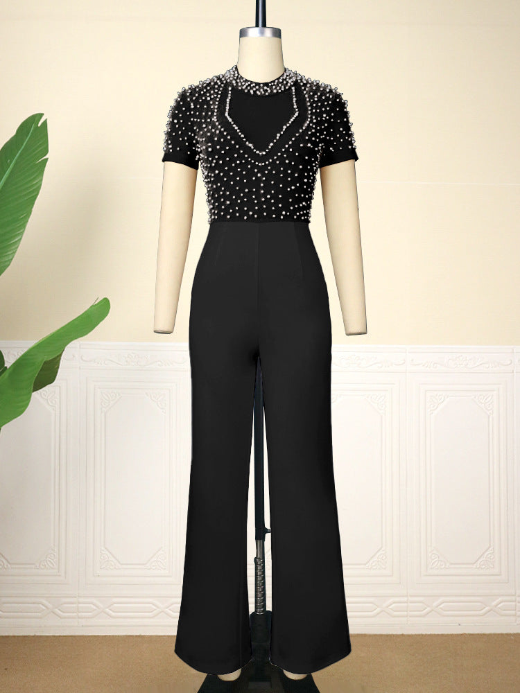 Casual Style High Waist Flattering Round-neck Short Sleeve Beaded Jumpsuit