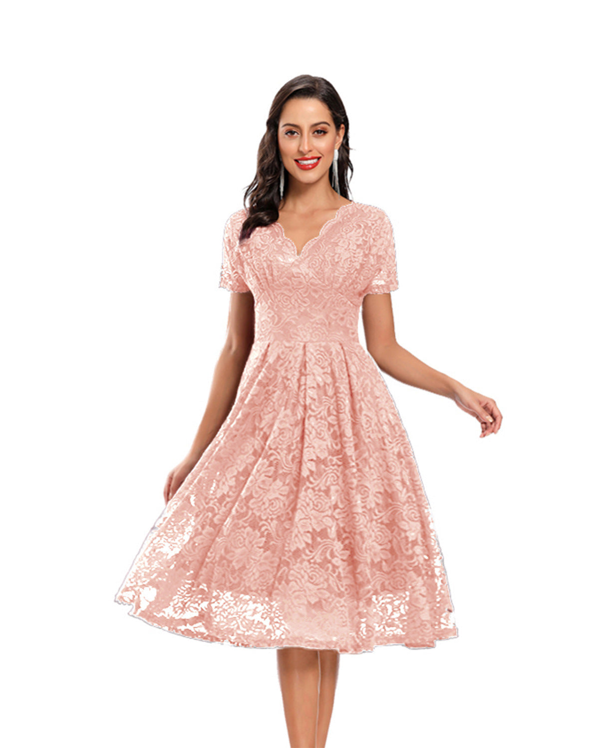 V-neck Mid-length Lace Swing Dress