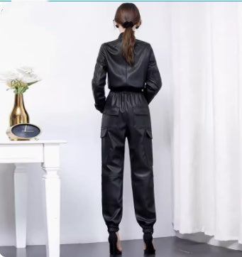 Unique And High-end Feeling, Slim Fitting Black PU Leather Work Suit And Jumpsuit For Women