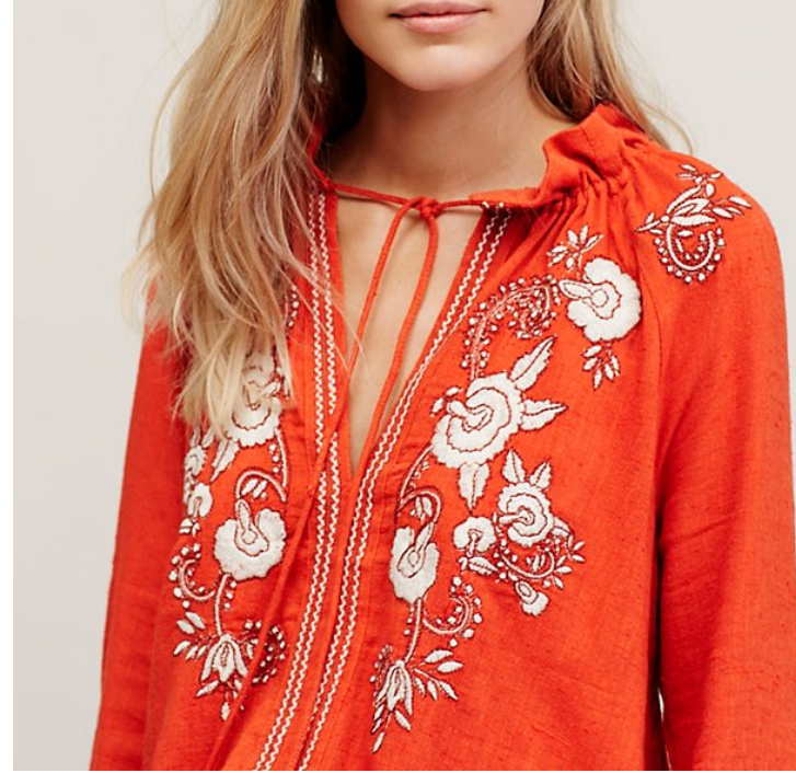 Bohemian lace-up top with embroidered flowers