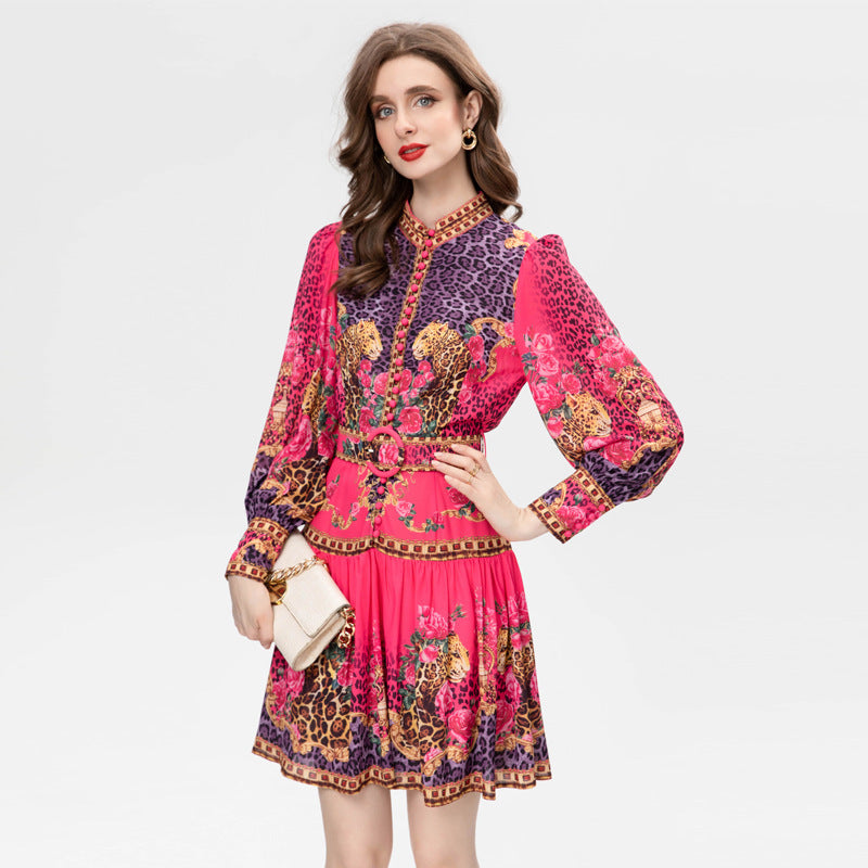 Sweet Temperament Positioning Printing Single-breasted Belt Long Sleeve Dress