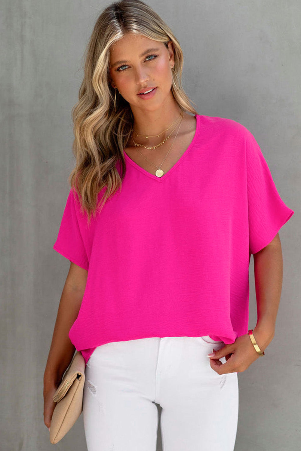 Blusa de manga corta con cuello en V liso rosa