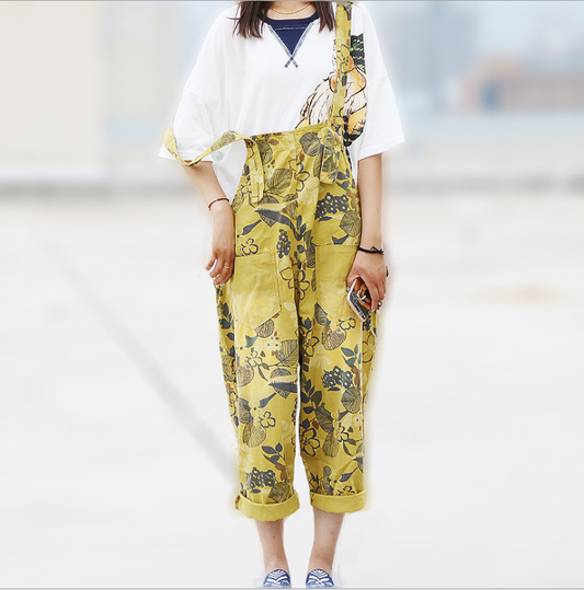 Casual Loose Floral Print Cotton Overalls Women