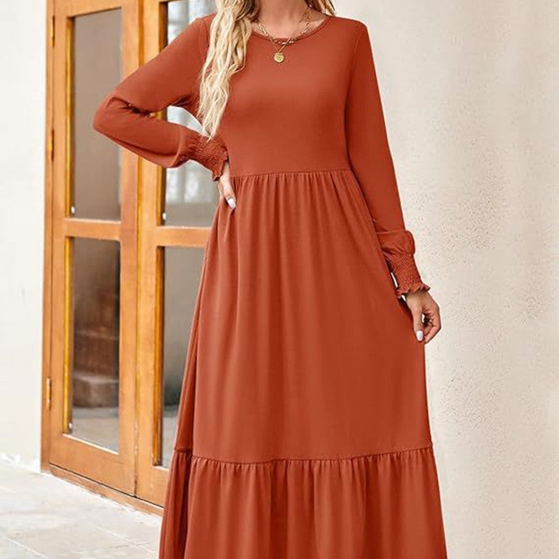 Vestido midi de longitud media con cuello redondo y manga larga para mujer