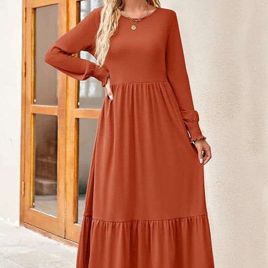 Women's Smocking Long Sleeve Round Neck Mid-length Dress