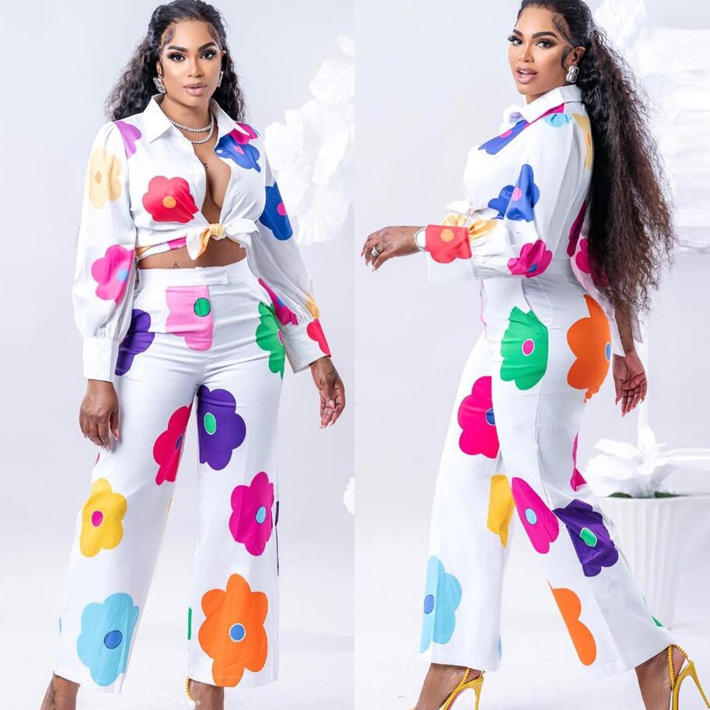 Women's Fashion Color Printed Shirt Suit Two-piece Set