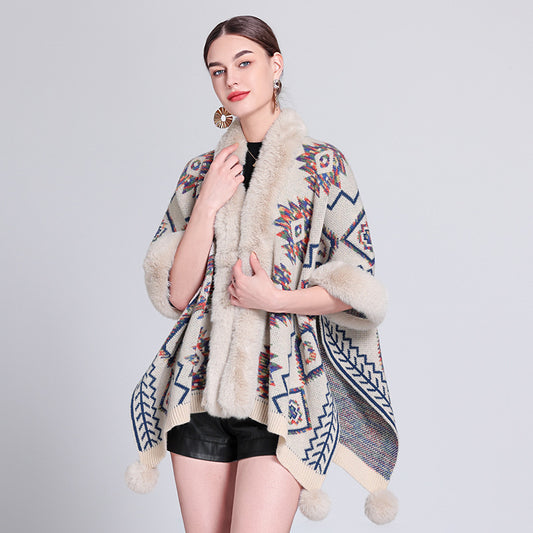 Ethnic Style Fur Ball Shawl Cape Cloak