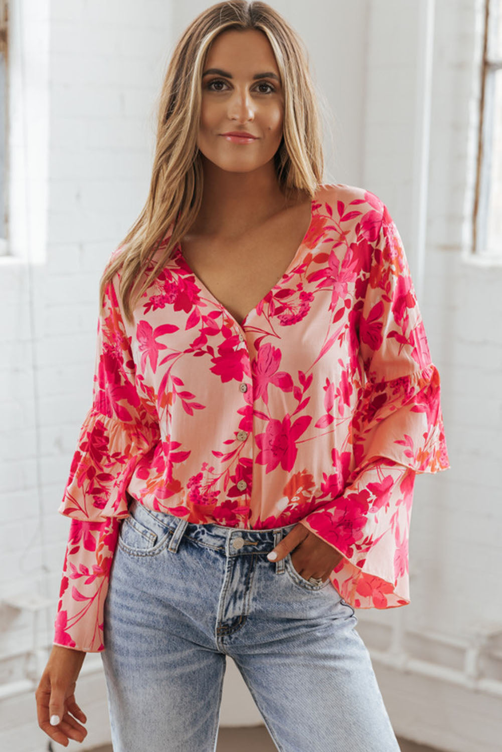 Pink Floral Print Tiered Bell Long Sleeve Buttoned Bodysuit