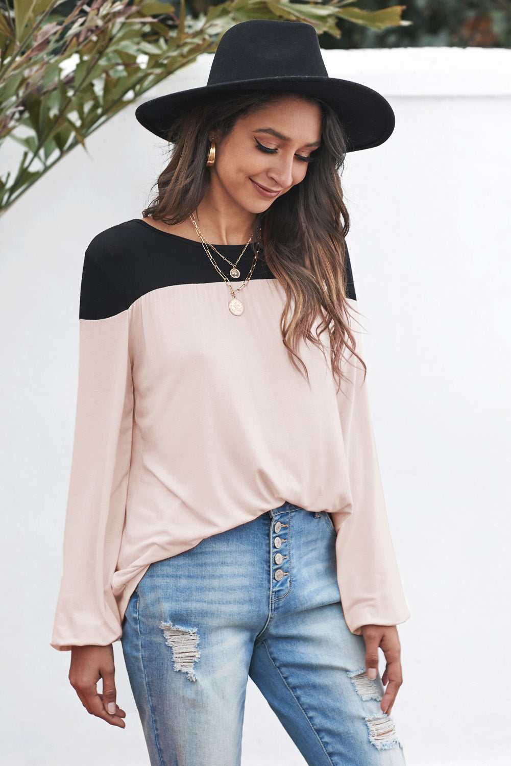 Contrast Balloon Sleeve Blouse