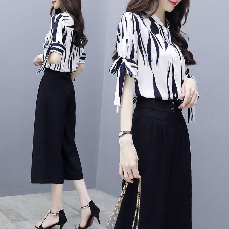 Chiffon shirt plus size thin wide leg pants two-piece suit