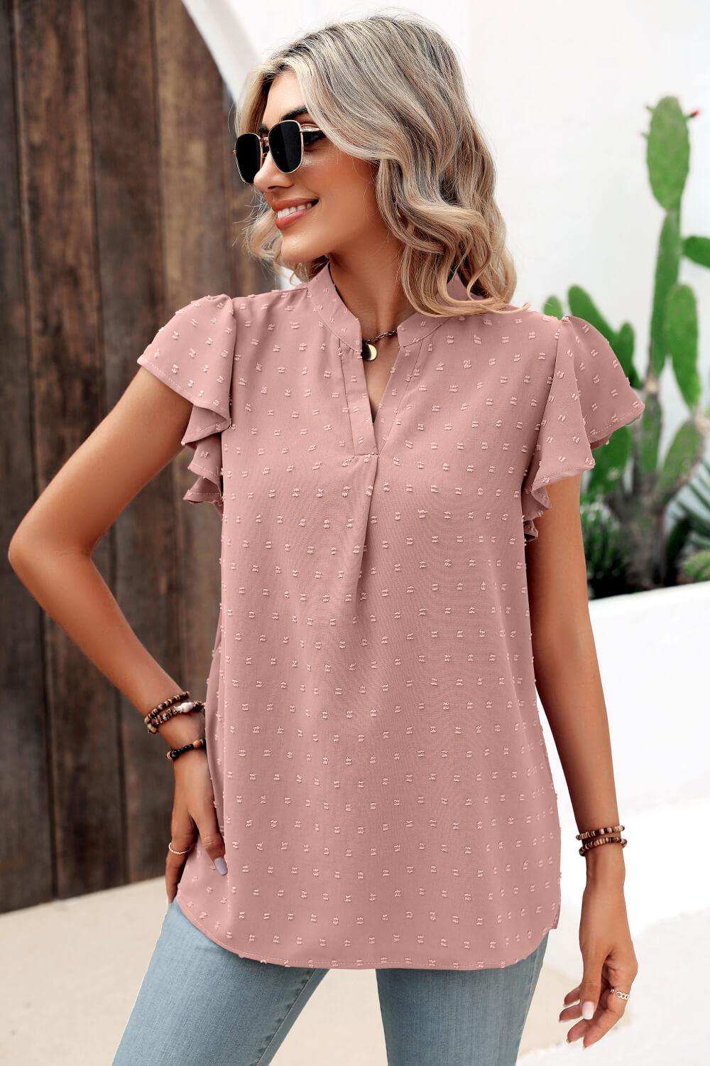 Swiss Dot Flutter Sleeve Notched Neck Blouse