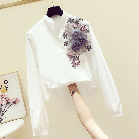 V-neck Long-sleeved Shirt Women Casual All-match White Shirt