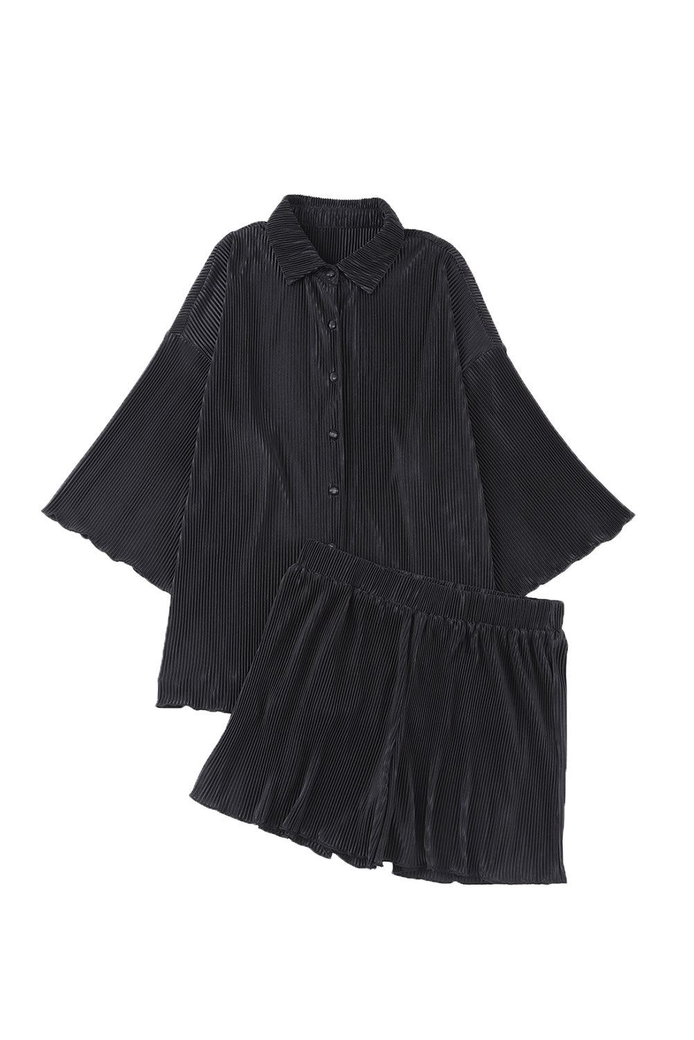 Conjunto de salón de camisa plisada con mangas 3/4 y pantalones cortos de cintura alta en negro