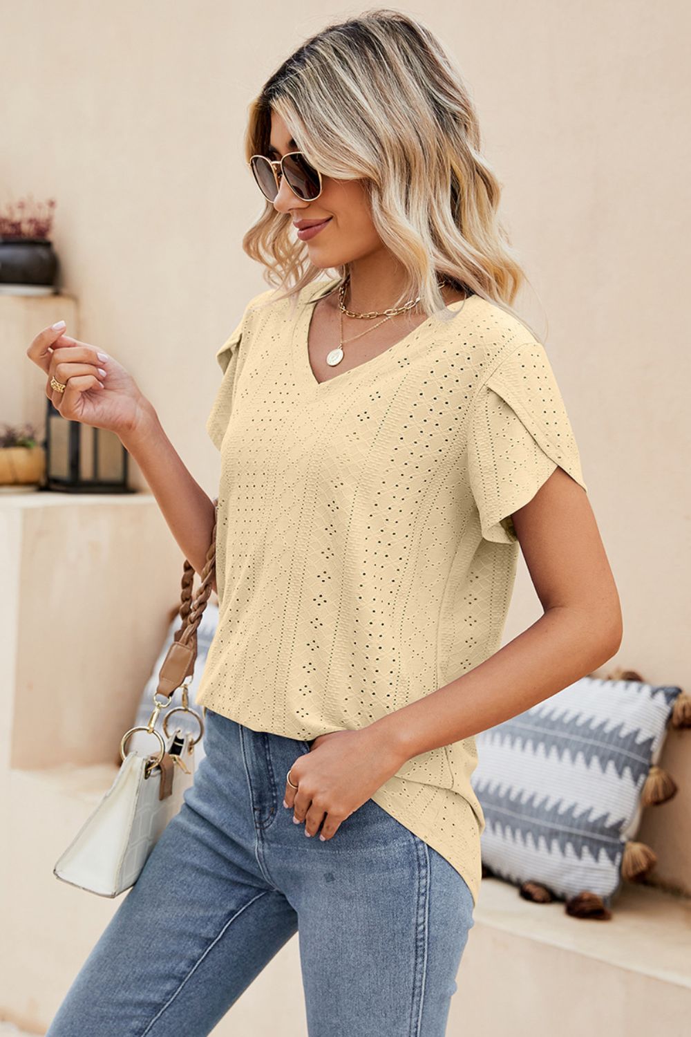 Eyelet Petal Sleeve V-Neck Knit Top