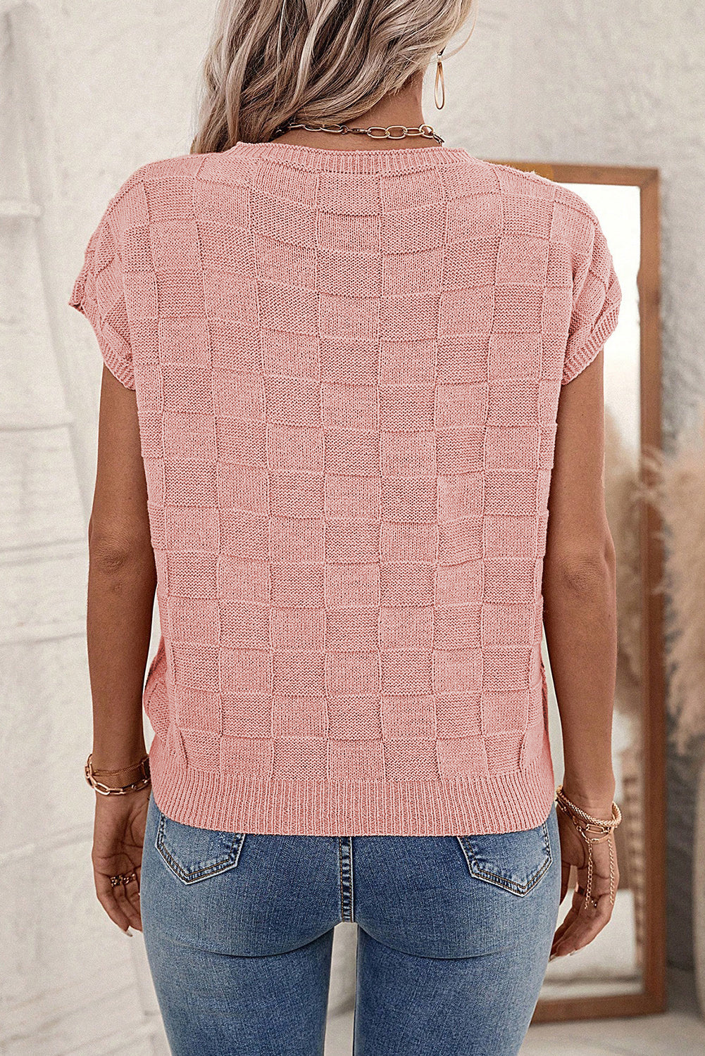 Pull à manches courtes en tricot texturé en treillis rose poussiéreux