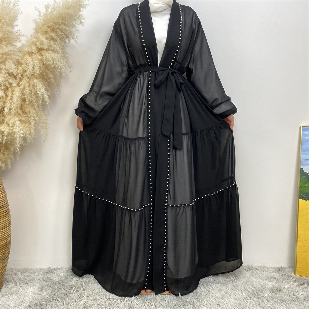 Robe cardigan en mousseline de soie à laçage musulman élégant et perlé de couleur unie