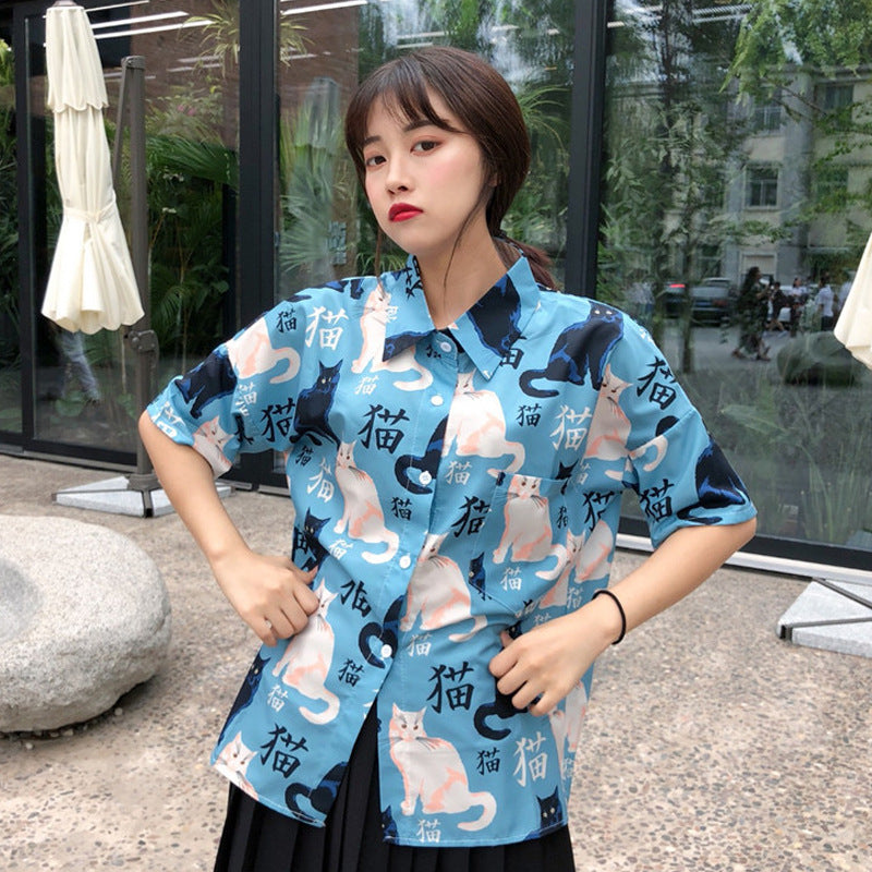 Wild Harajuku Style Cat Print Shirt Short Sleeve Top