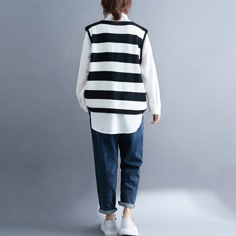 Fat Sister Suit Female Large Size Temperament Fashion Mid-Length Shirt + Striped Knitted Vest