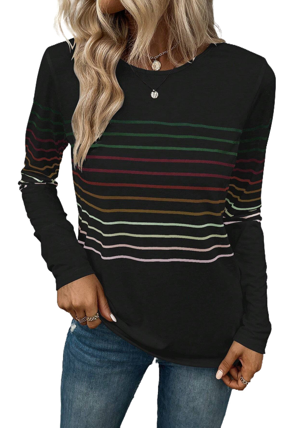 Black Multicolor Striped Crew Neck Long Sleeve Top