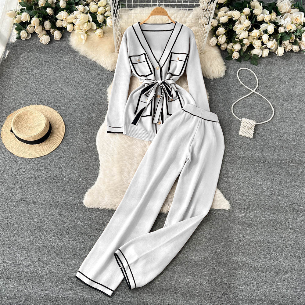 Contrast Color Suit Women's Long Sleeve V-neck Lace-up Knitwear Draping Wide Leg Trousers Two-piece Set