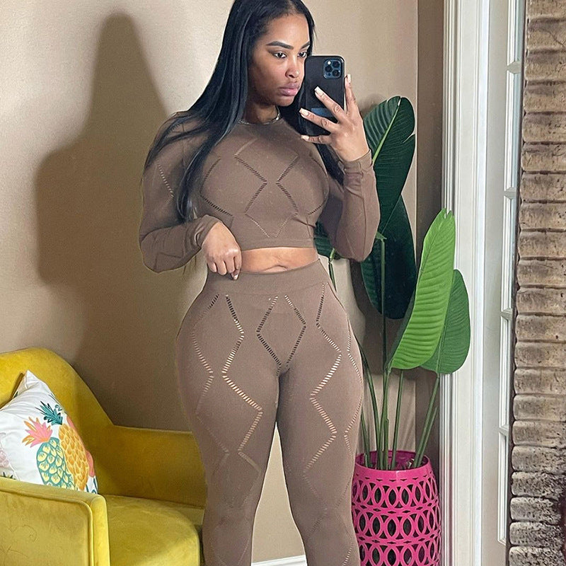 Women's Hollow-out Ripped High Waist Tight Pants Casual Sports Suit