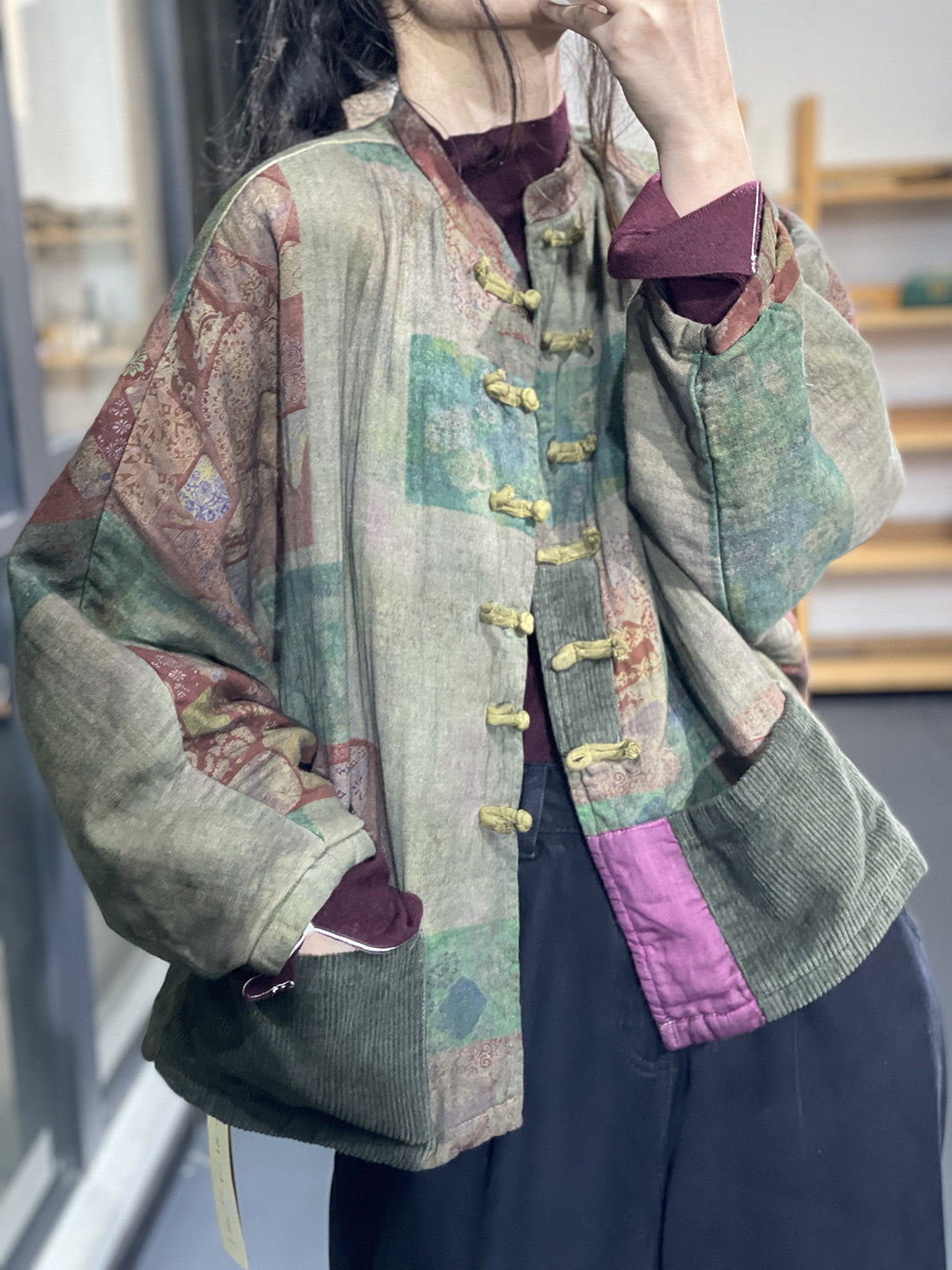 Manteau d'automne à imprimé rétro artistique chinois de style ethnique