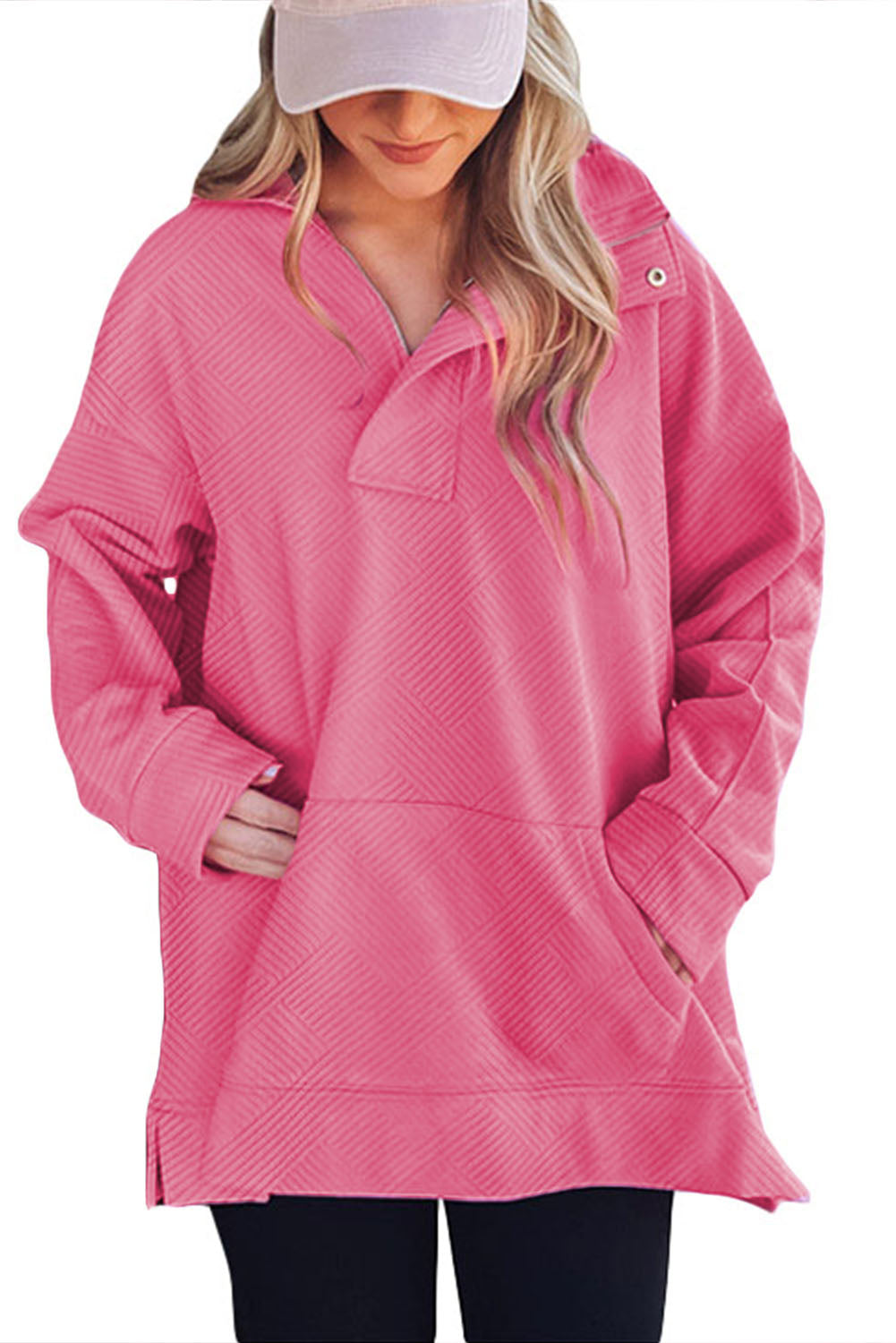 Sudadera con bolsillo de canguro, escote con cremallera y textura rosa brillante