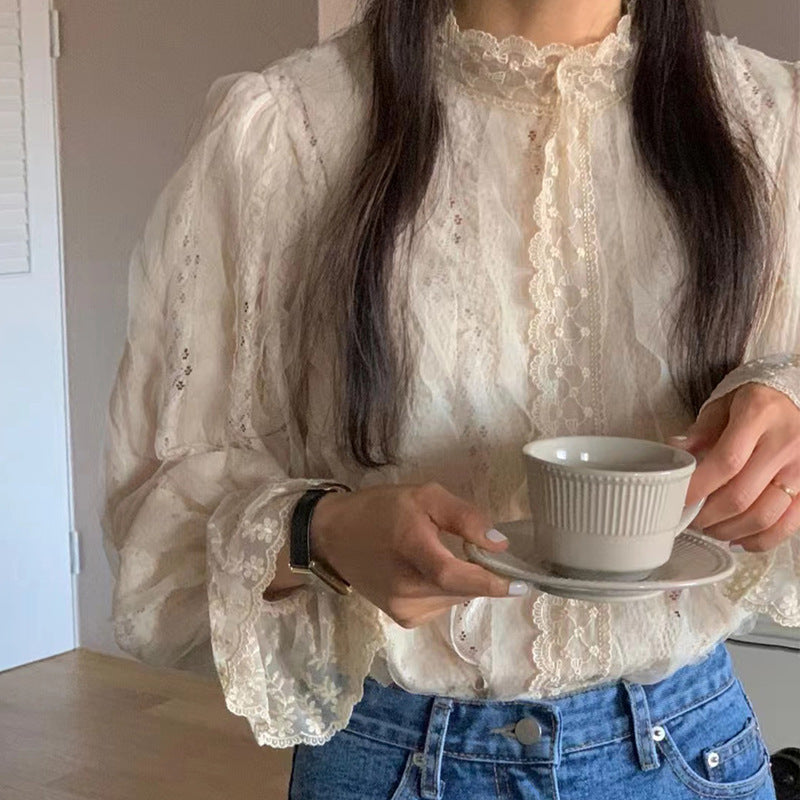 Chemise à col montant en dentelle pour femmes, tempérament élégant, manches bouffantes