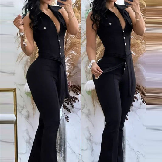 Deep V-neck Backless Tight One-piece Bell-bottom Pants