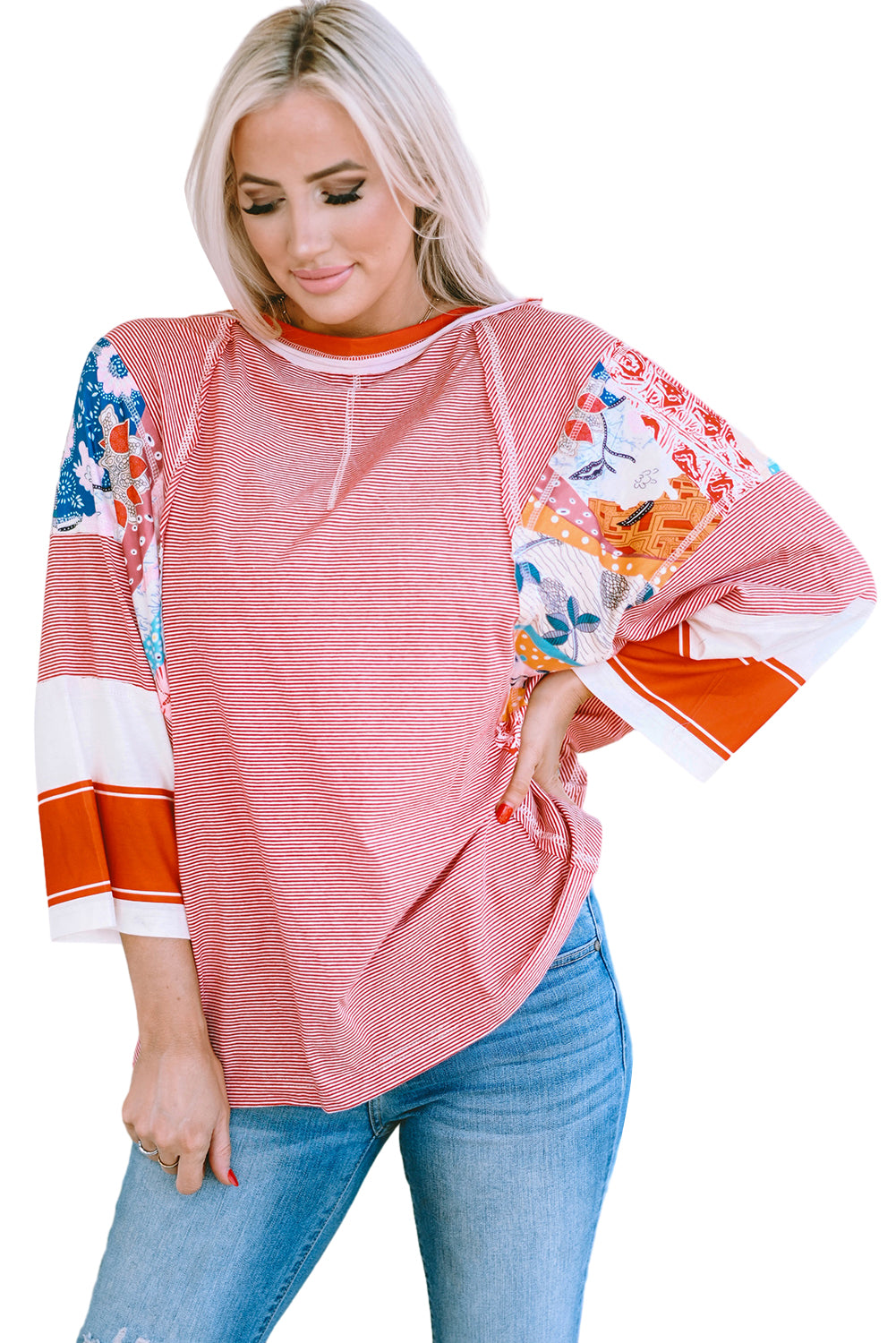 Fiery Red Pinstriped Color Block Patchwork Oversized Top