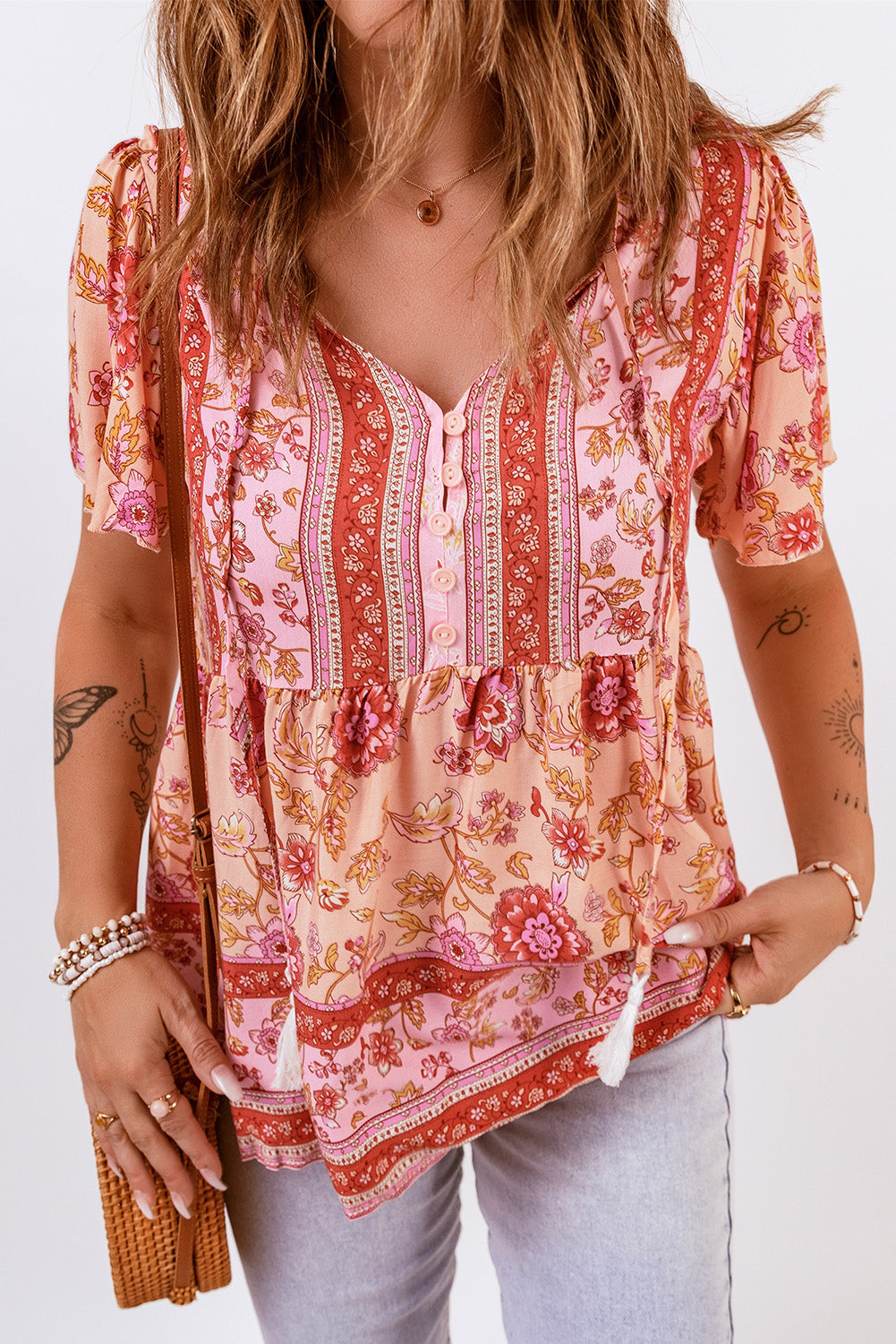 Bohemian Buttoned Short Puff Sleeve Blouse