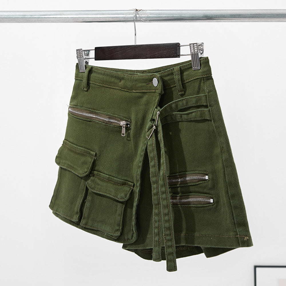 Workwear Denim Shorts Green Belt Loop Decorative Hot Pants