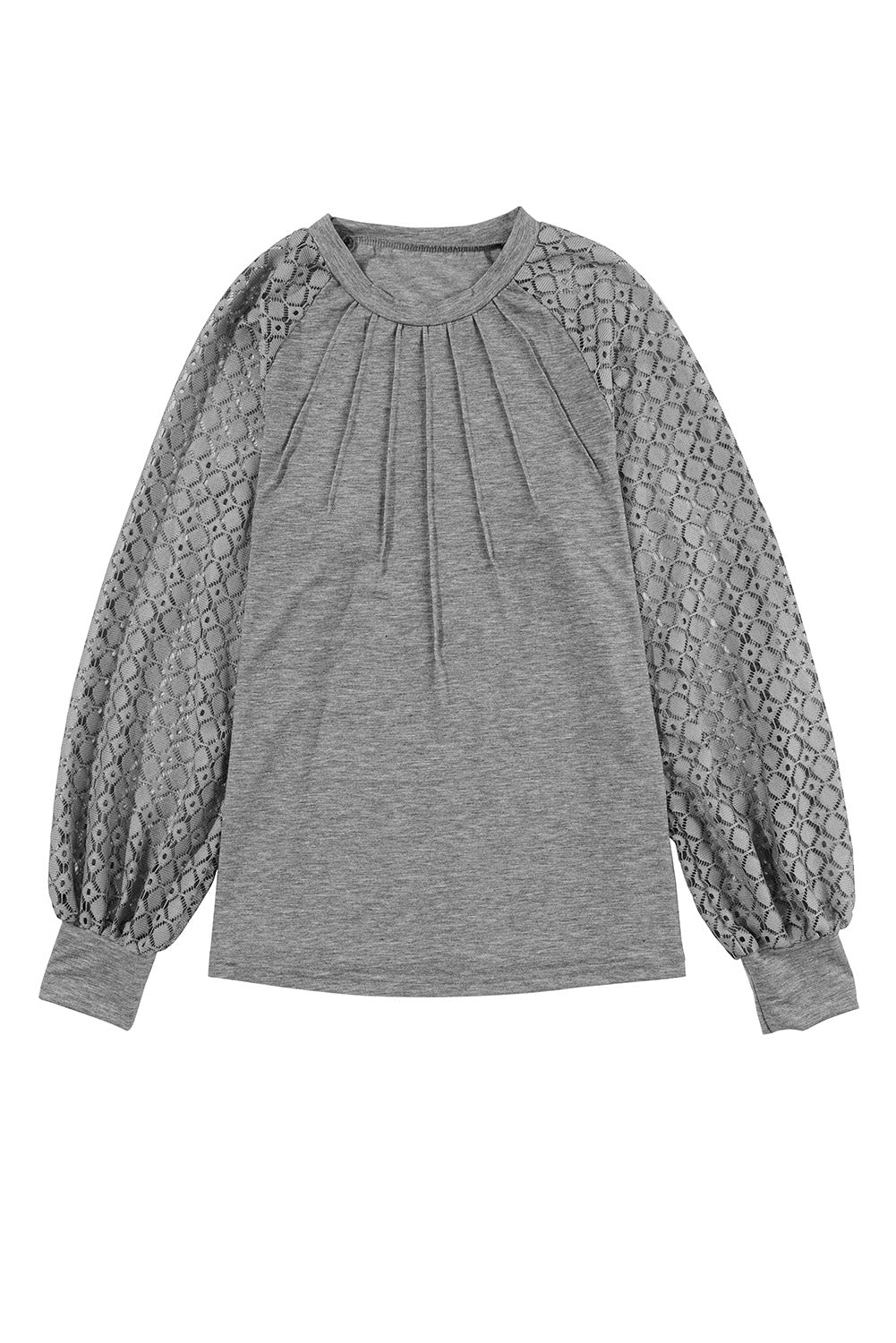 Haut en tricot plissé gris à manches raglan et dentelle contrastée