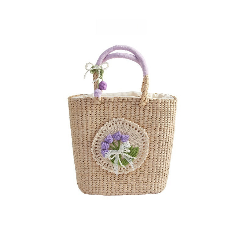 Casual Hand-woven Straw Bag Verticle Square Flower Purple