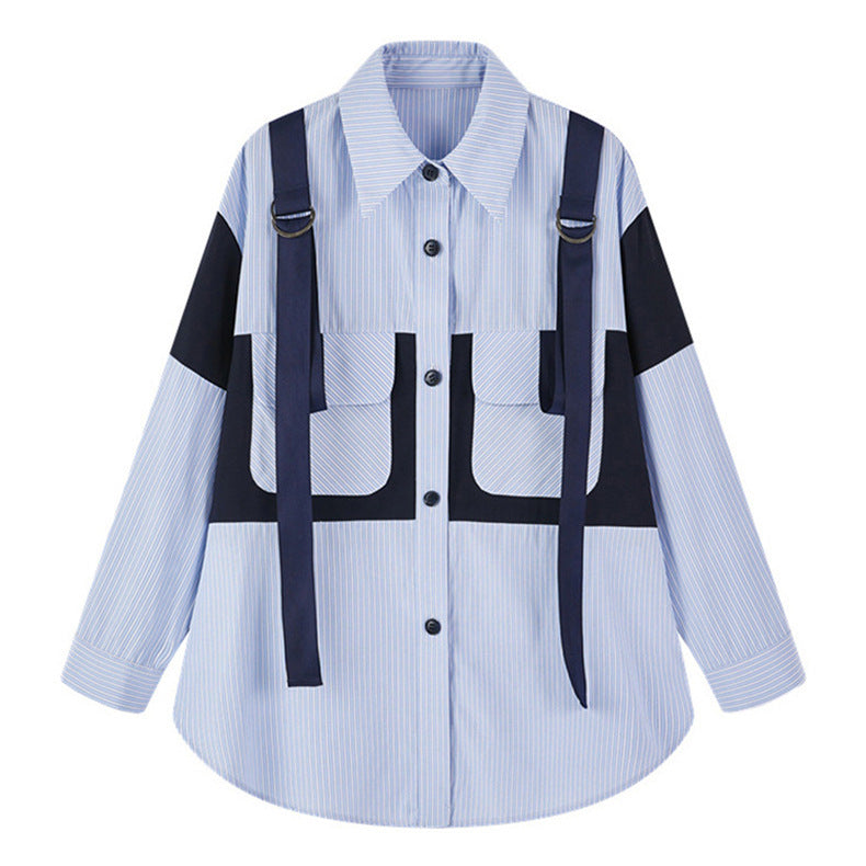 Blue Pinstripe Stitching Contrast Fashion Shirt