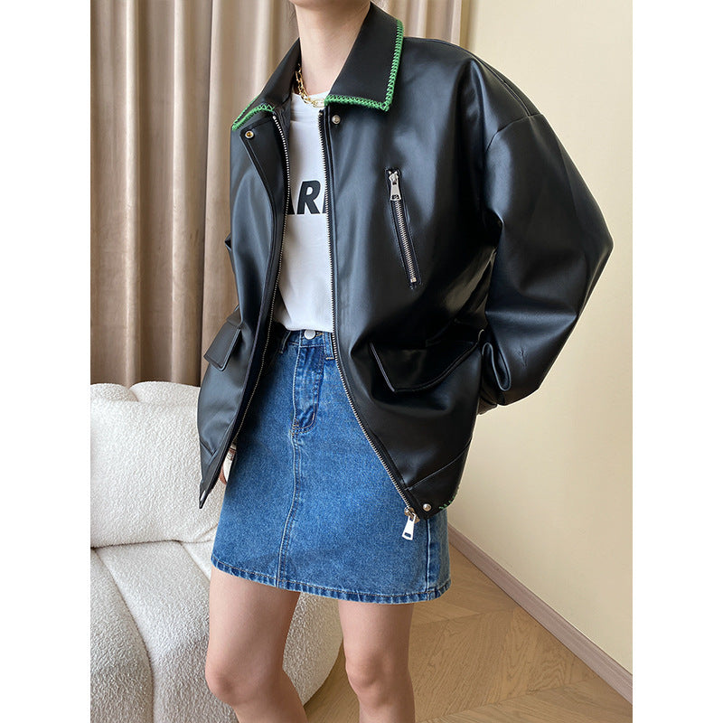 Contrast Color Outer Stitching Polo Collar Loose Jacket