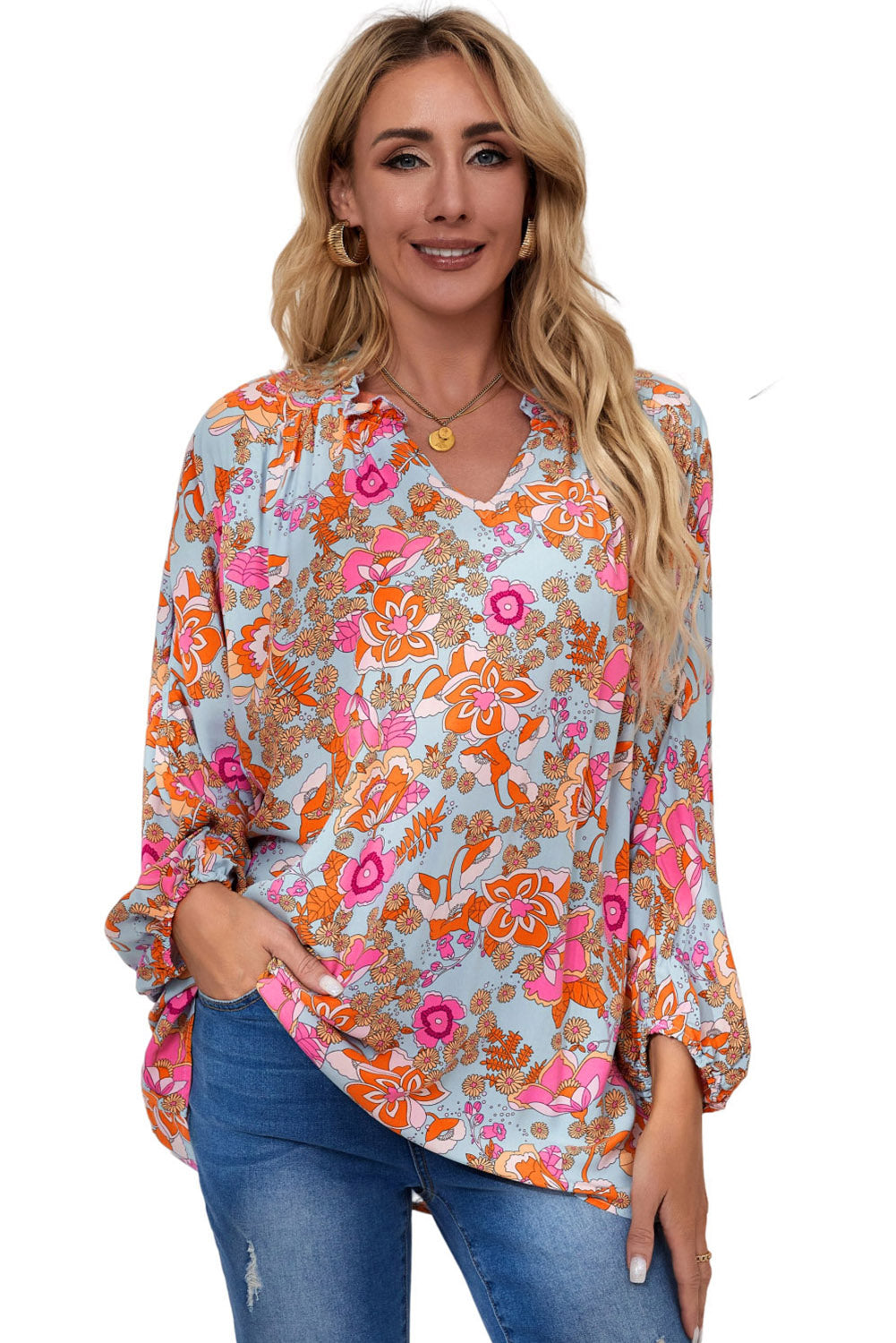 Blusa holgada con cuello en V y pliegues con estampado floral azul cielo