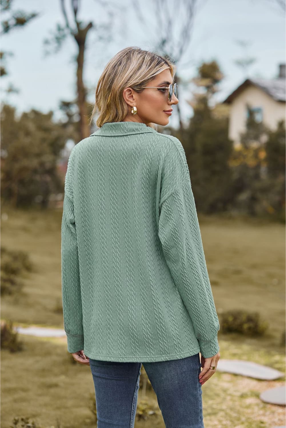 Collared Neck Cable-Knit Long Sleeve Blouse