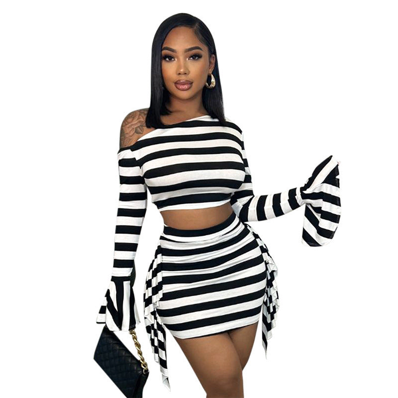 Casual Zebra Prints Cropped Horn Long Sleeve Top Skirt Suit