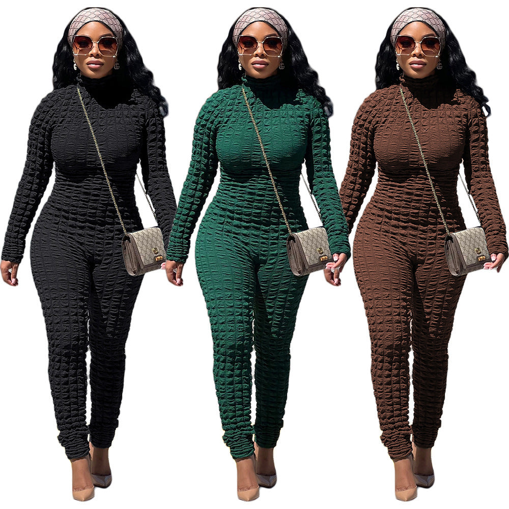 Autumn And Winter Casual Bubble Cloth Printed Round Neck Slim Jumpsuit Female