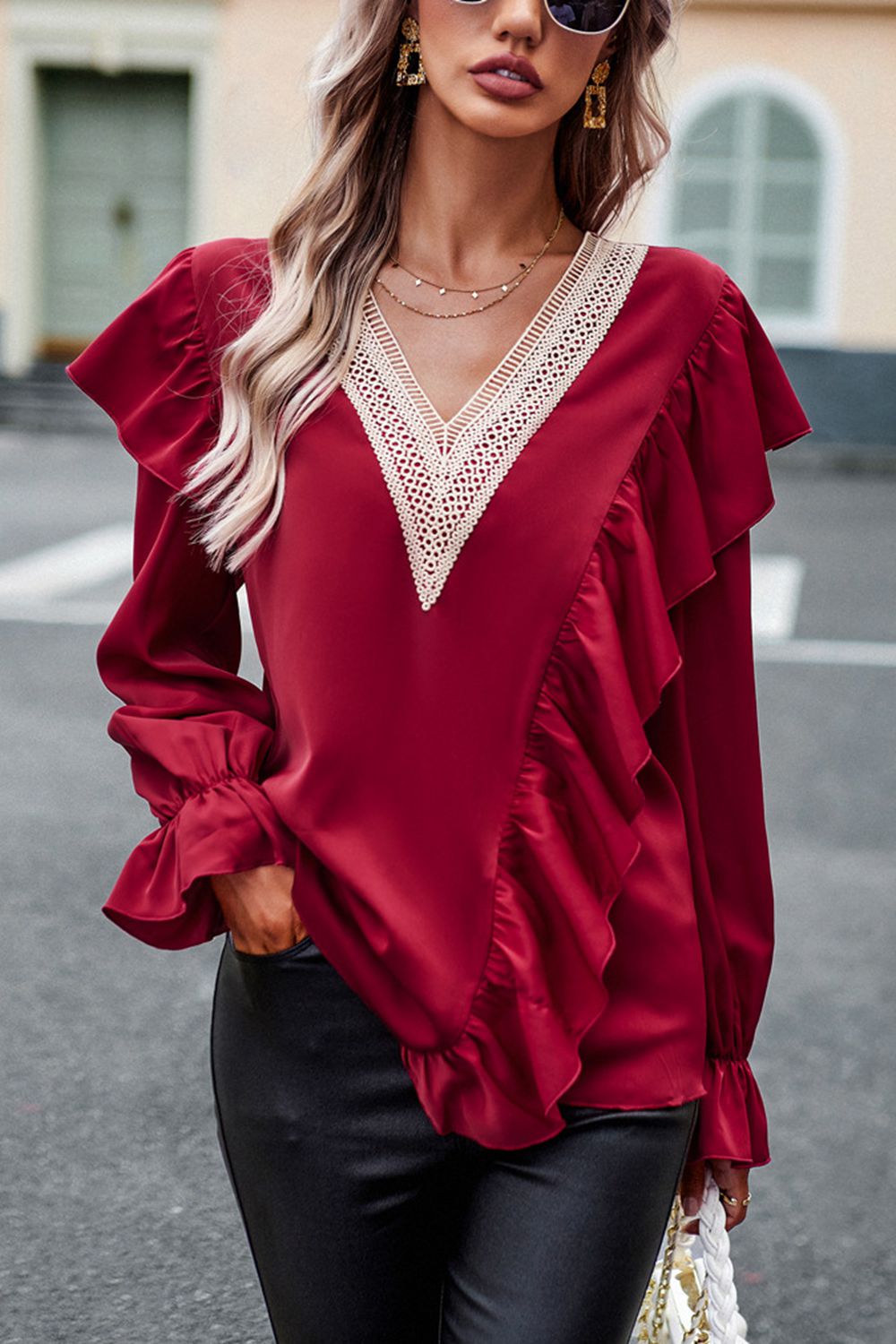 V-Neck Flounce Sleeve Ruffle Trim Blouse